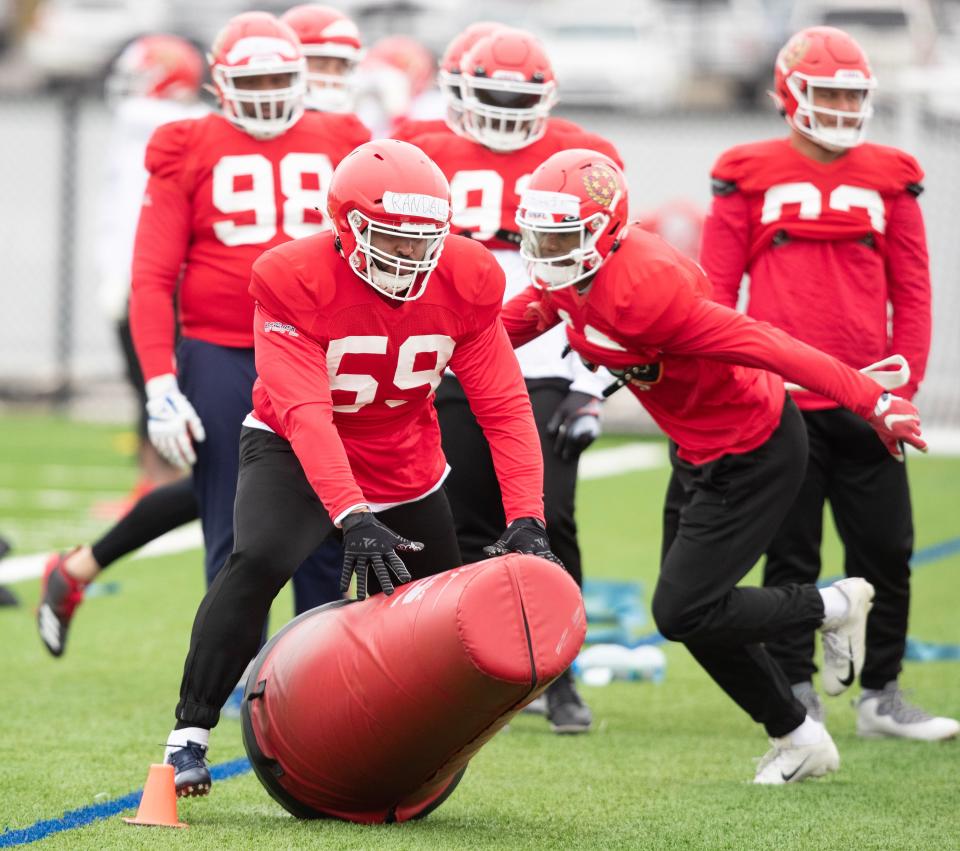 The USFL's New Jersey Generals practice at the Pro Football Hall of Fame Friday , March 24, 2023.