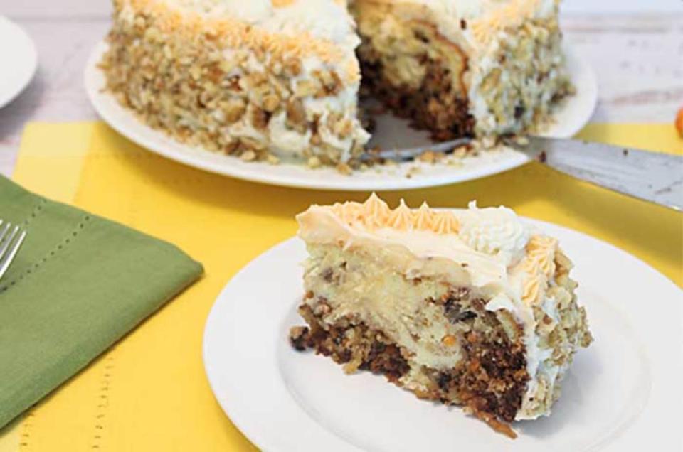 <p>2 Cookin’ Mamas</p><p>Moist carrot cake together with cheesecake makes a really delicious treat. Make it at home, just as good as the one from the Cheesecake Factory!</p><p><strong>Get the recipe: <a href="https://2cookinmamas.com/carrot-cake-cheesecake-cheesecake-factory-copycat/" rel="nofollow noopener" target="_blank" data-ylk="slk:Copycat Carrot Cake Cheesecake;elm:context_link;itc:0;sec:content-canvas" class="link ">Copycat Carrot Cake Cheesecake</a></strong></p>