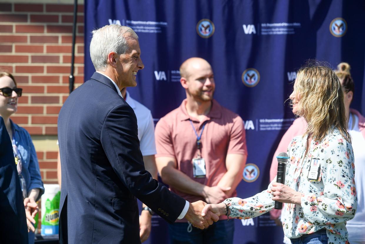 Veterans Affairs Secretary Denis McDonough shakes hands with Kristin Aeilts, Registered Nurse with the Sioux Falls VA Hospital on Wednesday, May 18, 2022.