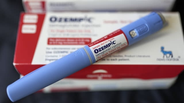 The injectable drug Ozempic is shown on a box.