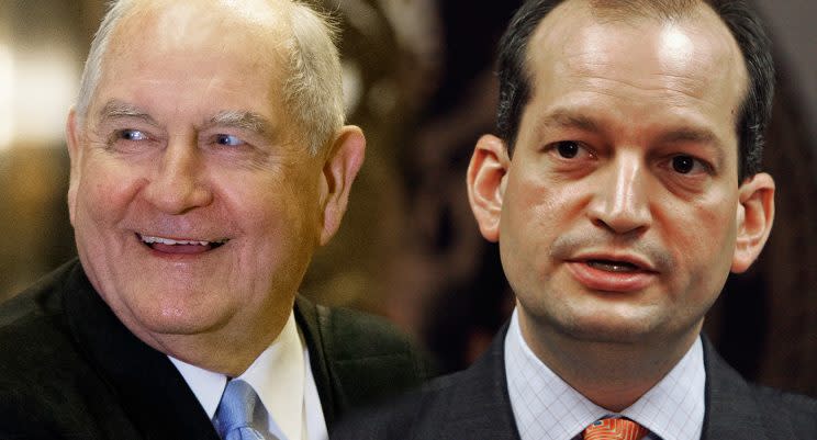 Former Georgia Gov. Sonny Perdue, left, and former U.S. Attorney Alexander Acosta. (Evan Vucci/AP, Alan Diaz/AP)