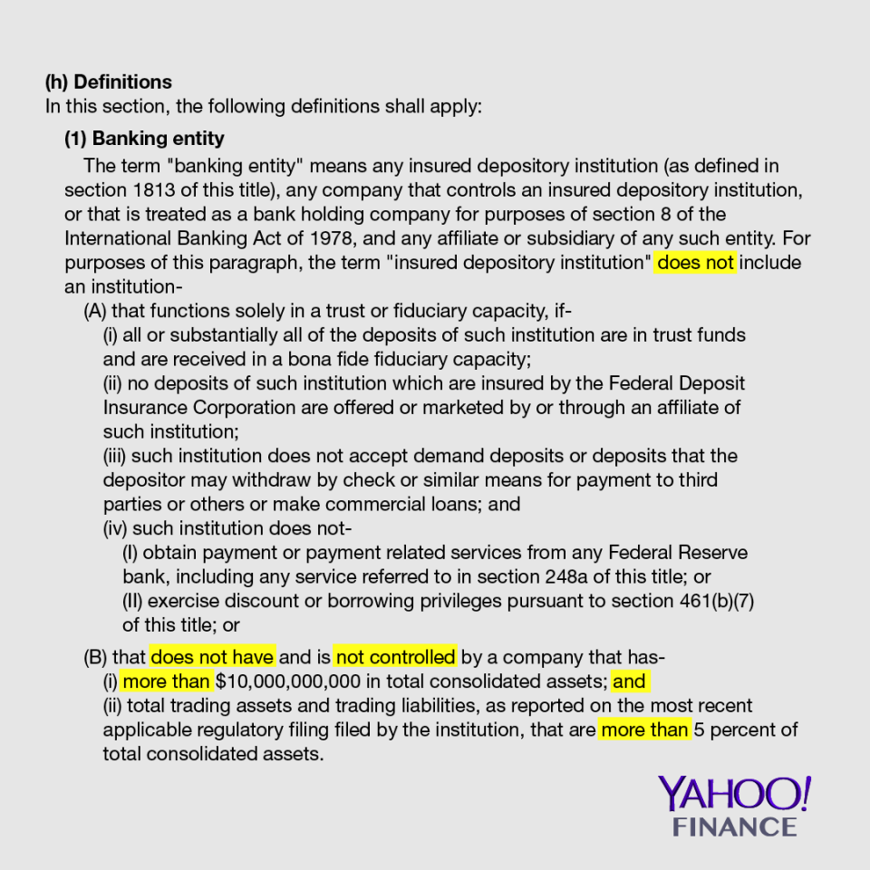 The double negatives (highlighted) in the amended bill muddle the interpretation of what qualifies as a “banking entity.” Under the Bank Holding Company Act of 1956, a defined “banking entity” is subject to the Volcker rule. Credit: David Foster / Yahoo Finance