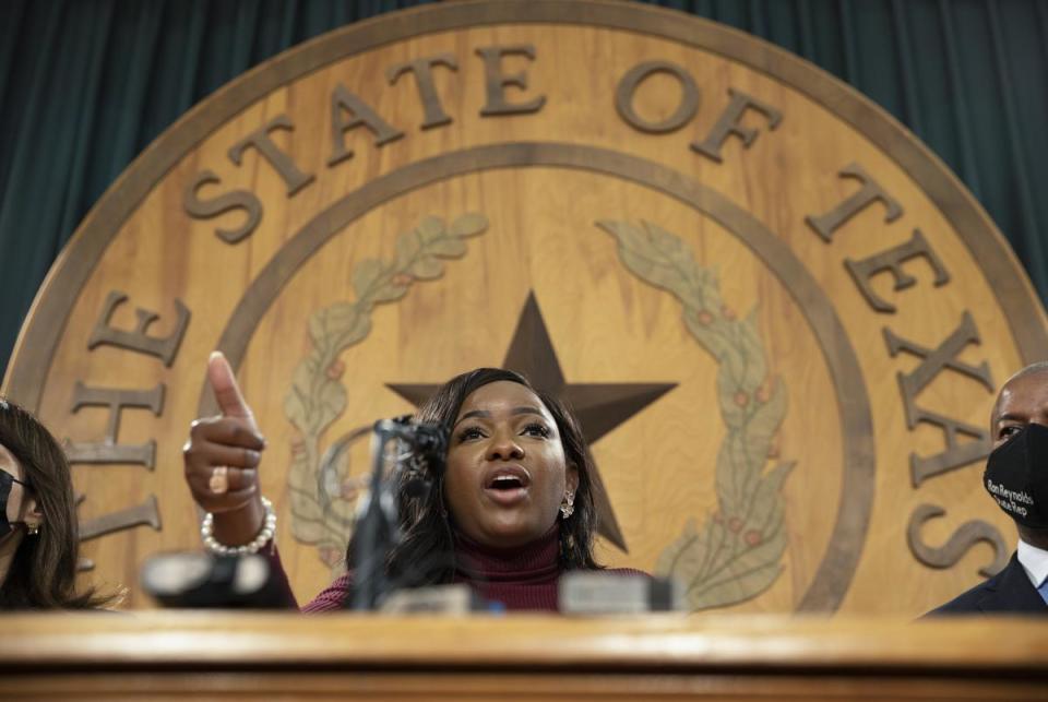 State Rep. Jasmine Felicia Crockett, D-Dallas, speaks at a Texas House Progressive Caucus at the Capitol on Sept. 20, 2021.