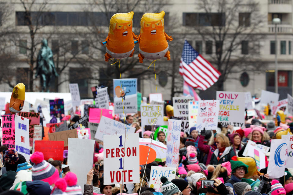 Baby Trump balloons float over thousands of people as they participate in the Third Annual Women’s March at Freedom Plaza in Washington, Jan.19, 2019. (Photo: Joshua Roberts/Reuters)