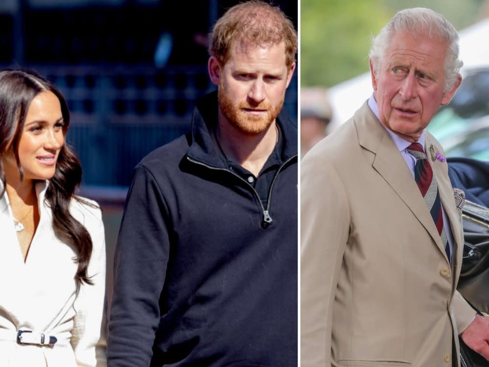 Wie wird es für Charles (r.), Harry und Meghan wohl weitergehen? (Bild: [M] imago/PPE / imago images/Cover-Images)