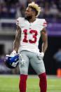 Oct 3, 2016; Minneapolis, MN, USA; New York Giants wide receiver Odell Beckham Jr. (13) argues a call during the second quarter against the Minnesota Vikings at U.S. Bank Stadium. Mandatory Credit: Brace Hemmelgarn-USA TODAY Sports