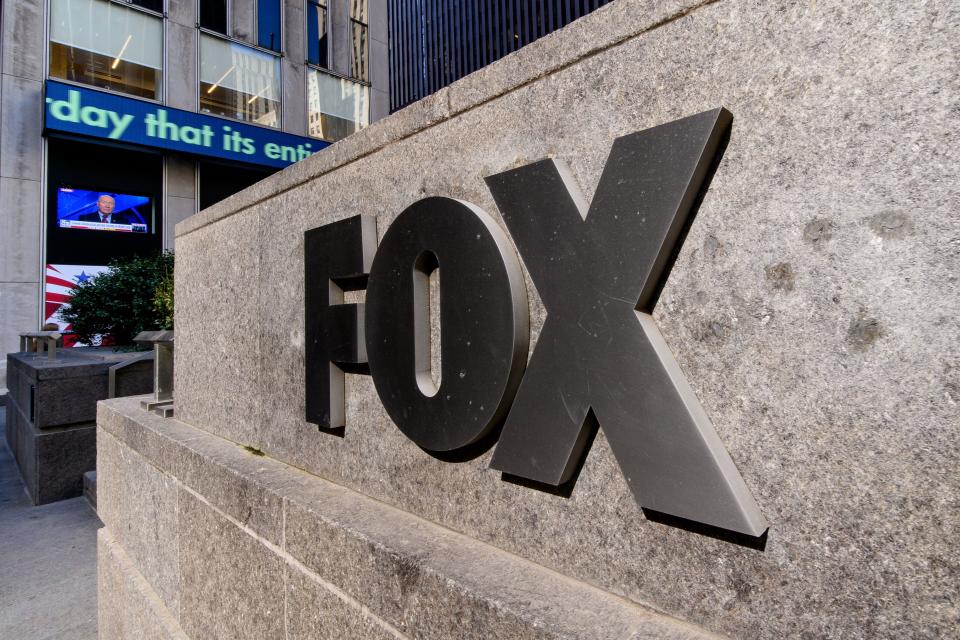 A view of the Fox logo outside the News Corp Building on 5th Ave. on March 21, 2023, in New York City. News Corp the parent company of Fox News has studios in the building. In one email, Murdoch called Trump’s 2020 election rhetoric “bullshit and damaging.” 