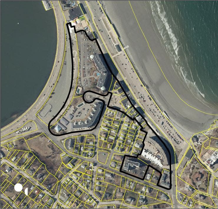 The second MBTA multifamily housing zoning overlay district proposed by Hull, outlined here in black, is situated on the oceanside of Nantasket Avenue roughly from Nantasket Beach Hotel to Horizons at Paragon Park