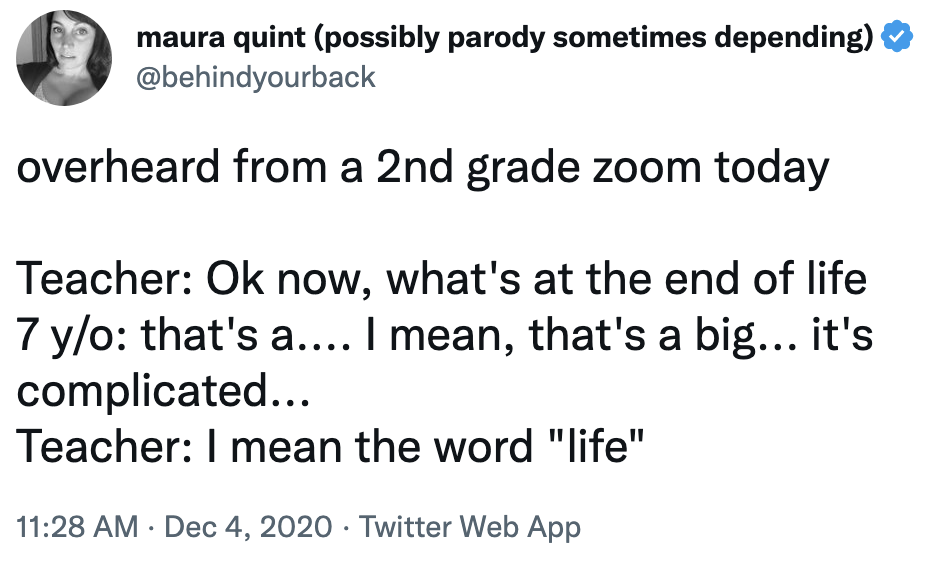 overheard from a 2nd grade zoom: teacher: ok now, what's at the end of life? 7 year old: that's a...I mean, that's a big...it's complicated. teacher: i mean the word life