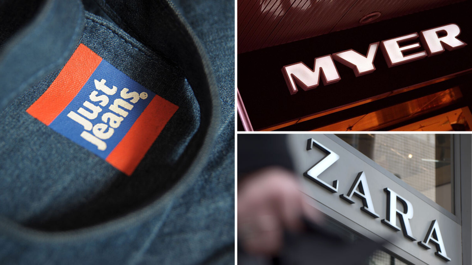 Pictured: Just Jeans, Zara, Myer logos. Images: Getty