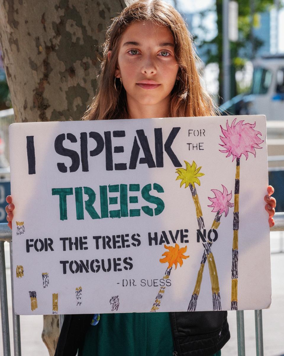 Maria Riker, protesting at the United Nations, Dag Hammerskjöld Plaza, New York City, September 27, 2019.