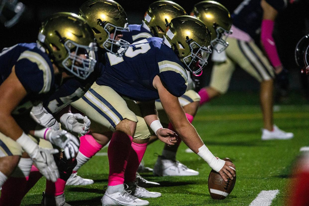 The Salesianum offensive line gets ready to fire off against William Penn last week. All three of our experts believe the Sals will get another win at Appoquinimink on Friday night.