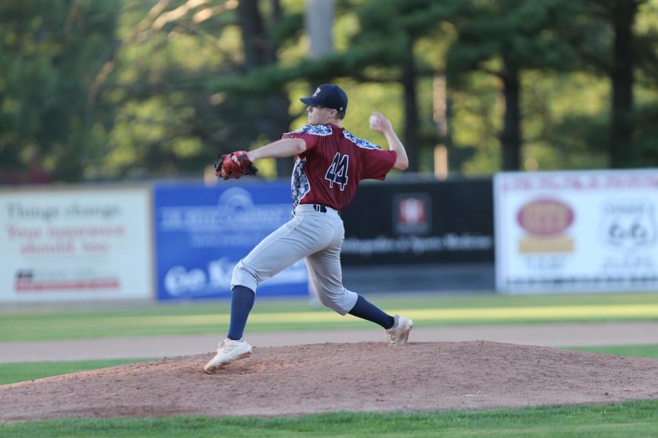 Lafayette Post 11's pitcher, Kaden Mullendore (44), winds up his next pitch, on Tuesday, June 28, 2022, at Central Catholic High School, in Lafayette