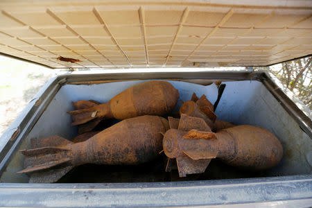 Mortar shells left behind by Islamic State militants are seen at Nour Park at Mosul's zoo, Iraq, February 2, 2017. REUTERS/Muhammad Hamed