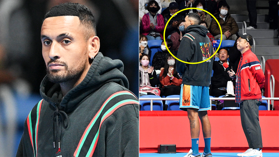 Nick Kyrgios (pictured right) speaking to the fans at the Japan Open ahead of his withdrawal.