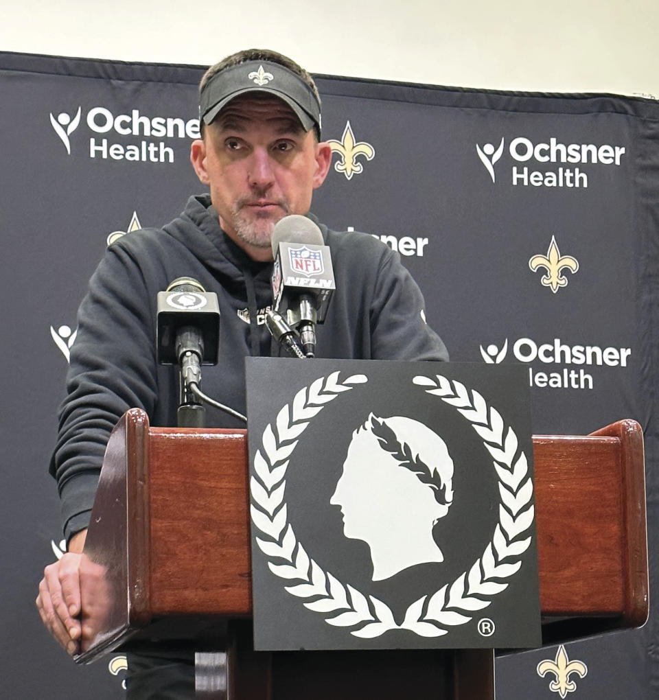 New Orleans Saints Head Coach Dennis Allen addresses the media after an NFL football game against Carolina Panthers, Sunday, Jan.8, 2022, in New Orleans. (Hunter Dawkins/The Gazebo Gazette via AP)