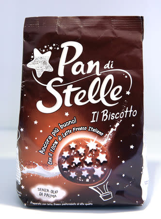 A "Pan di Stelle" chocolate cake package is displayed in this picture illustration taken November 17, 2018. REUTERS/Stefano Rellandini/Illustration