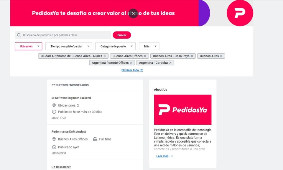 Según el portal de empleos de PedidosYa, son 57 las vacantes laborales para argentinos disponibles.