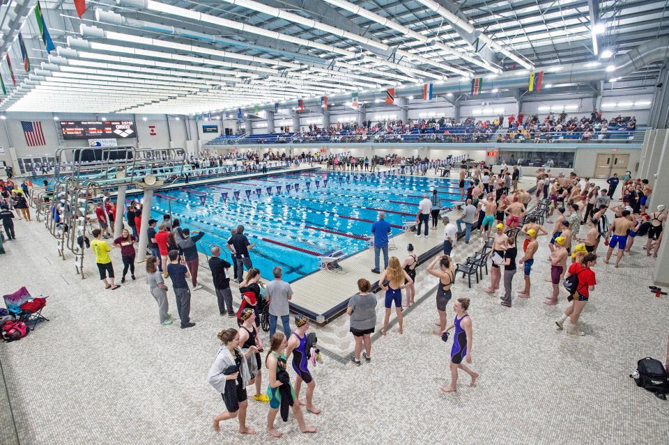 The crowd attends the second day of competition at the PIAA District 10 Championship at the S.P.I.R.E. Institute's natatorium on March 5, 2022 in Geneva, OH. 