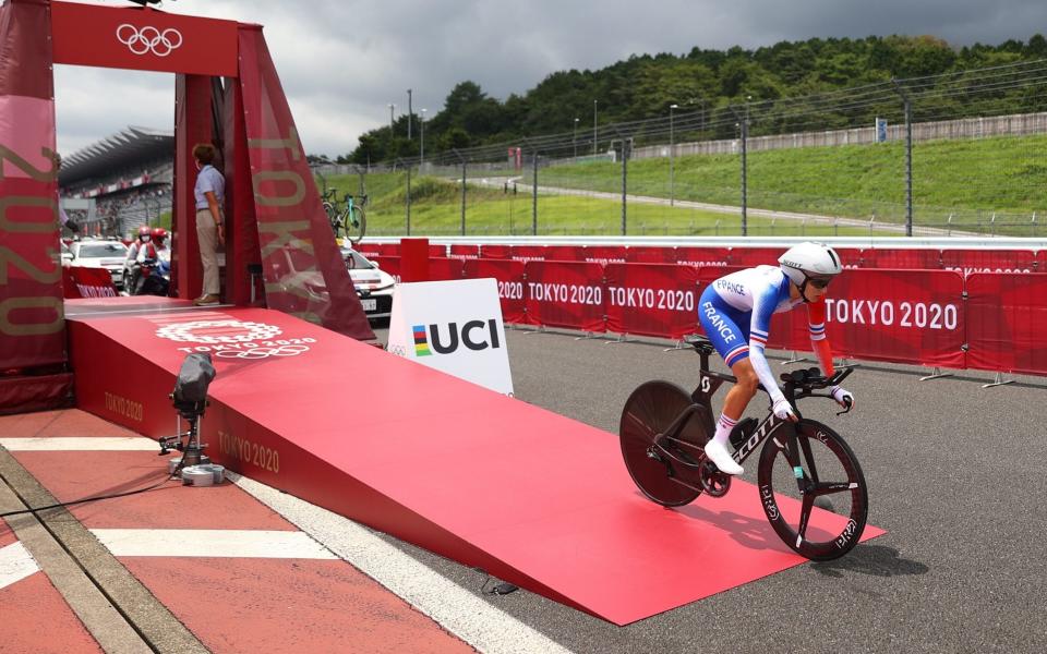 Juliette Labous of France rolls down the starting ramp to get her race under way - REUTERS