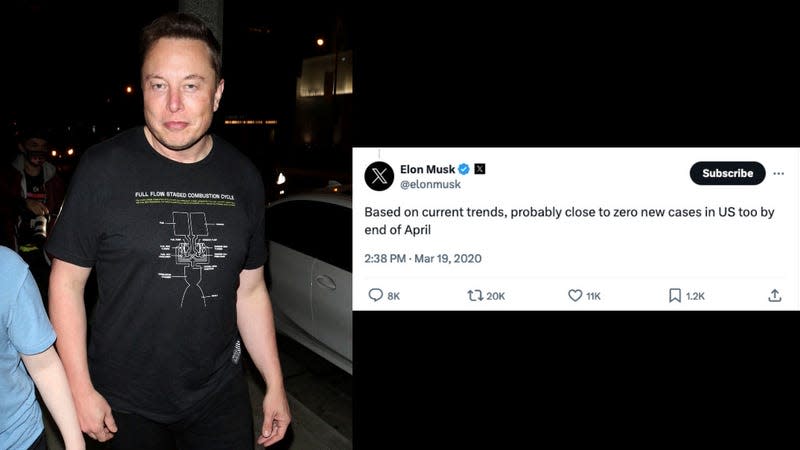 Elon Musk on September 25, 2020, in Los Angeles, California (left) and Musk’s tweet from March 19, 2020.<br> - Image: zz/Wil R/STAR MAX/IPx (AP)