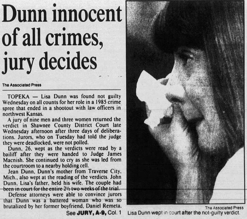 A front-page Star story Sept. 3, 1992, announced that Lisa Dunn had been found not guilty on all counts for her role in a multistate killing spree with an abusive boyfriend.