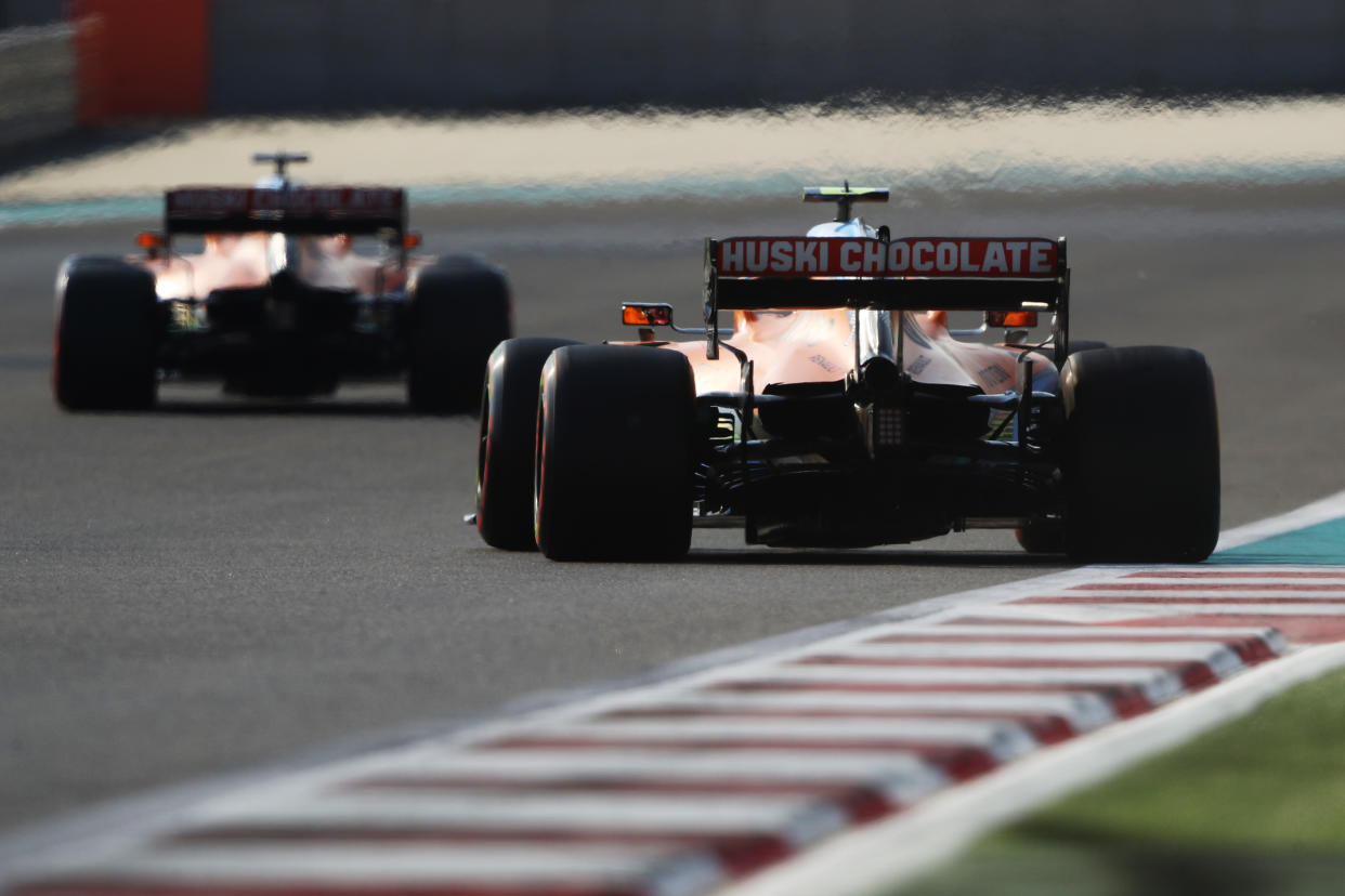 ABU DHABI, UNITED ARAB EMIRATES - DECEMBER 12: Lando Norris of Great Britain driving the (4) McLaren F1 Team MCL35 Renault on track during final practice ahead of the F1 Grand Prix of Abu Dhabi at Yas Marina Circuit on December 12, 2020 in Abu Dhabi, United Arab Emirates. (Photo by Bryn Lennon/Getty Images)