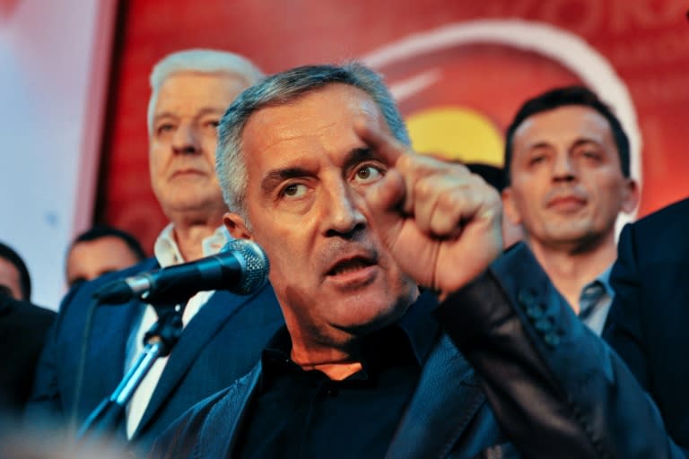 Montenegrin Prime Minister Milo Djukanovic and leader of ruling Democratic Party of Socialists speaking to his supporters after parliamentary elections in Podgorica