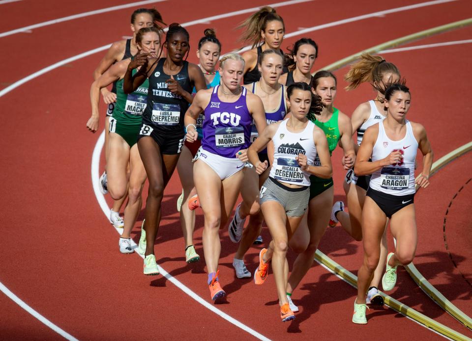 Athletes compete in the women’s 1,500 meters on the second day of the NCAA Outdoor Track & Field Championships Thursday, June 9, 2022 at Hayward Field in Eugene, Ore. 