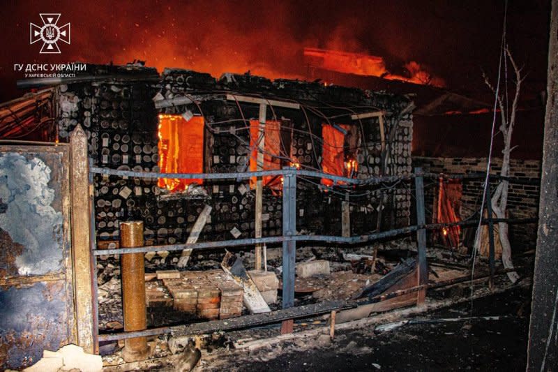 A burned out structure is shown in the wake of a Russian drone strike against a gas station Saturday in Kharkiv, Ukraine. Seven died and three were wounded in the attack, officials said. Photo by Ukrainian Interior Ministry/Telegram