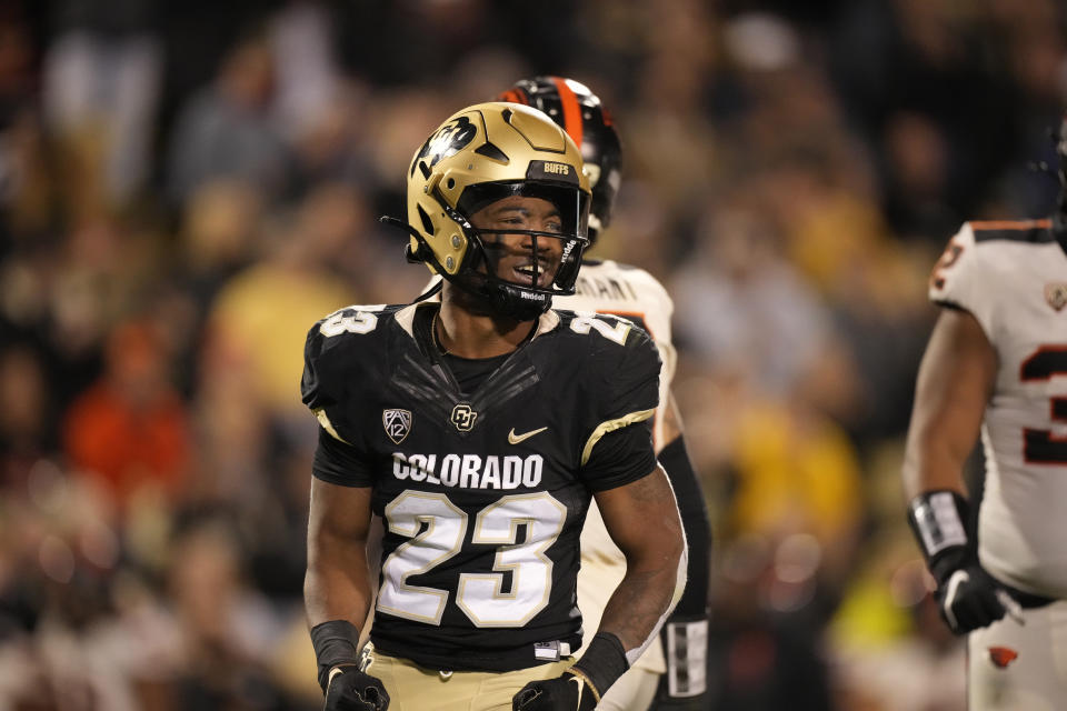 Colorado running back Jarek Broussard (23) in the second half of an NCAA college football game Saturday, Nov. 6, 2021, in Boulder, Colo. Colorado won 37-34 in double overtime. (AP Photo/David Zalubowski)