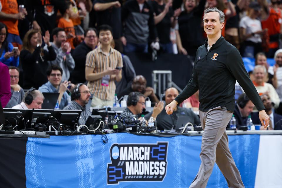 Mar 18, 2023; Sacramento, CA, USA; Princeton Tigers head coach Mitch Henderson smiles after defeating the Missouri Tigers at Golden 1 Center. Mandatory Credit: Kelley L Cox-USA TODAY Sports