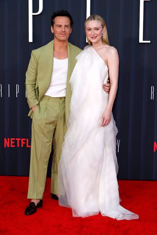 <p>Frazer Harrison/Getty</p> Andrew Scott and Dakota Fanning at the Los Angeles premiere of 'Ripley' on April 3, 2024