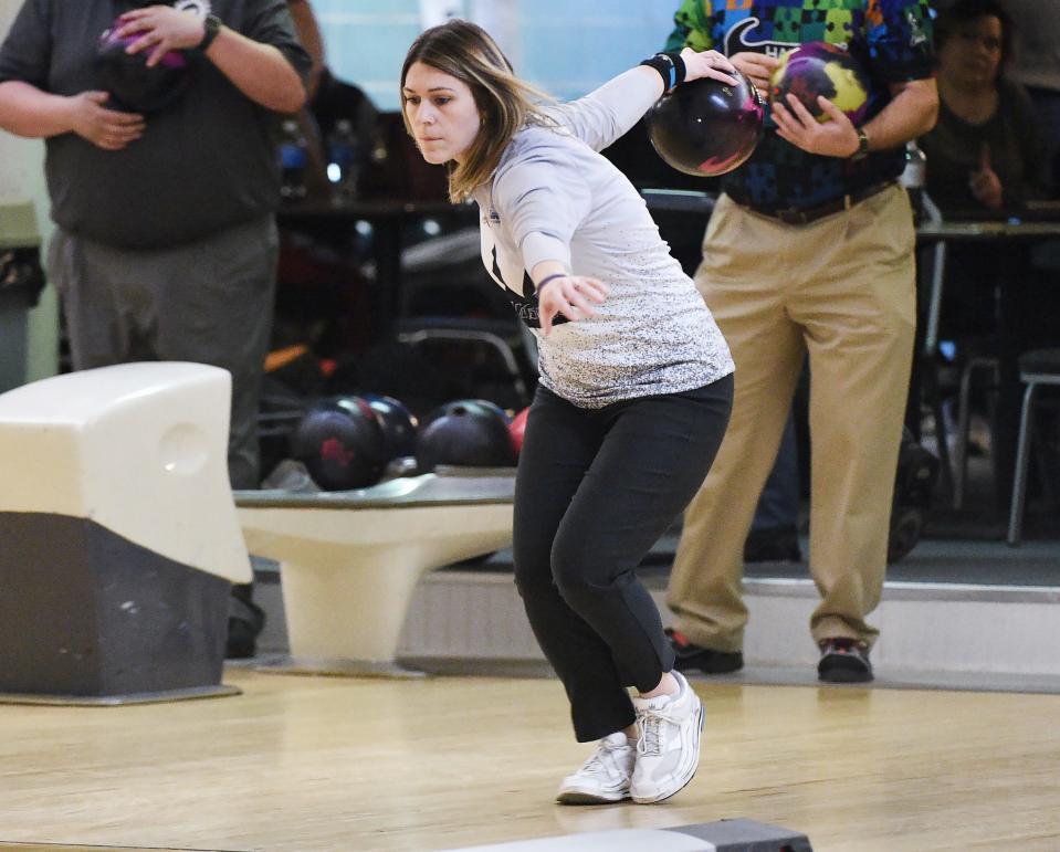 Heather Lyon warms up prior to the semifinals of the 60th annual Erie Times-News Open bowling tournament at Lake City Lanes in Lake City on Jan. 21, 2023.