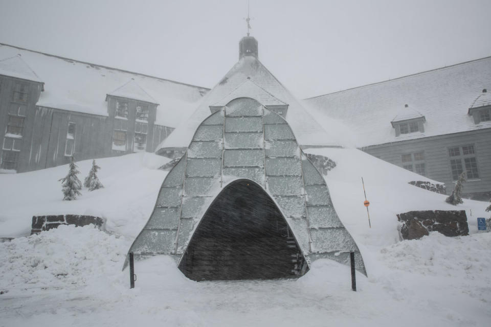 Timberline Lodge. Photo taken April 11, 2019.<p><a href="https://www.gettyimages.com/detail/news-photo/an-unusual-spring-blizzard-envelopes-mt-hoods-timberline-news-photo/1144188499?adppopup=true" rel="nofollow noopener" target="_blank" data-ylk="slk:Photo: George Rose/Getty Images;elm:context_link;itc:0;sec:content-canvas" class="link ">Photo: George Rose/Getty Images</a></p>