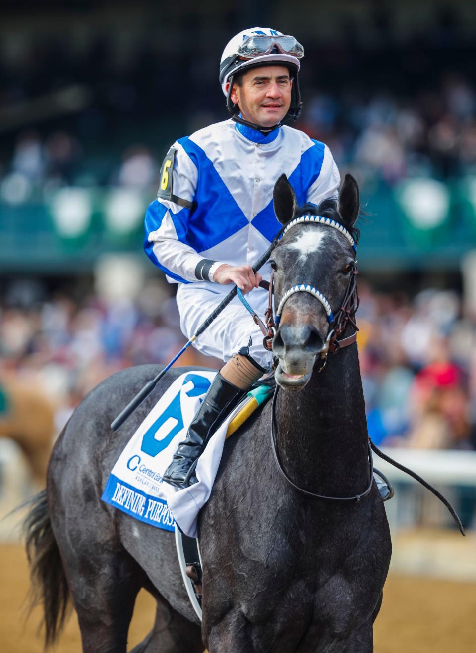 Jockey Brian Hernandez, Jr. led Defining Purpose to win the Central Bank Ashland Stakes Friday afternoon at the Spring Meet opening at Keeneland.  April 7, 2023