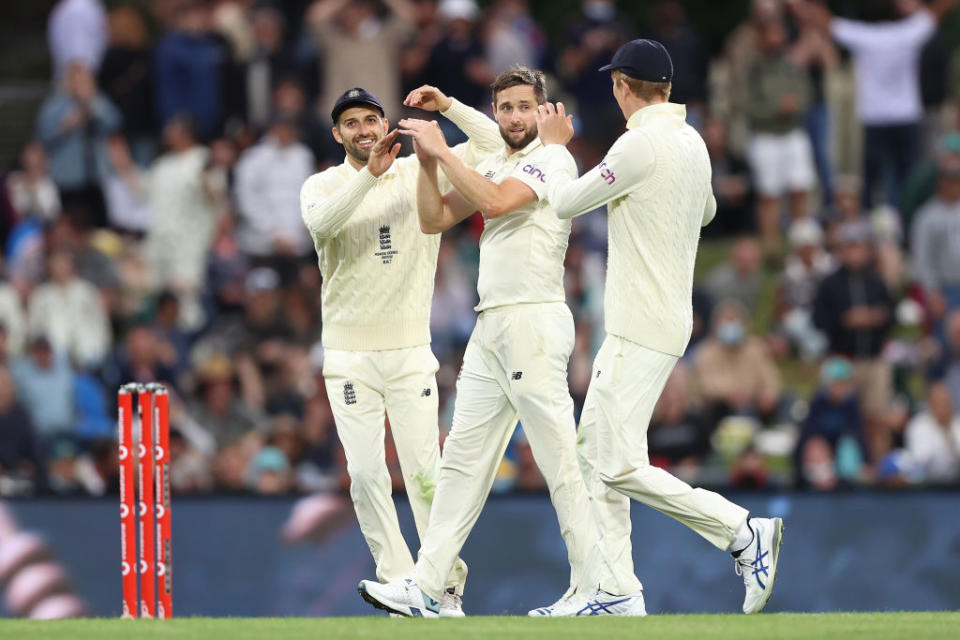 Chris Woakes of England celebrates his wicket of Travis Head of Australia during day one of the Fifth Test in the Ashes, 2022. Photo by Robert Cianflone/Getty Images