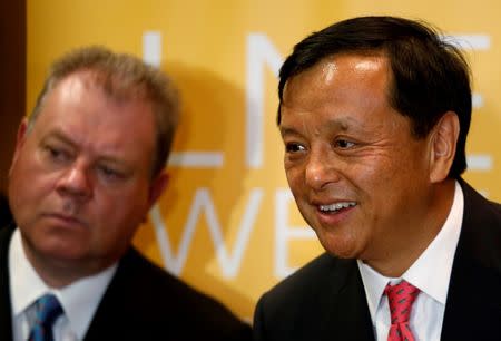 Hong Kong Exchanges and Clearing Chief Executive Charles Li (R) and London Metal Exchange (LME) Chief Executive Garry Jones meet journalists during LME Week Asia in Hong Kong, China June 14, 2016. REUTERS/Bobby Yip