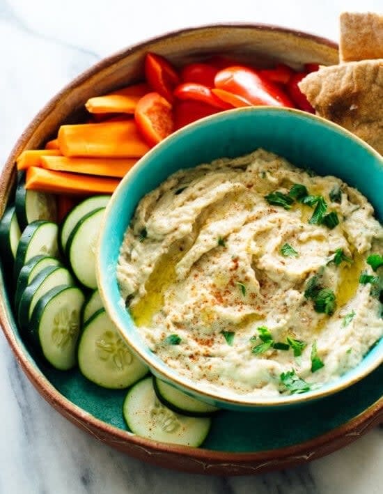 baba ganoush on a platter with veggies