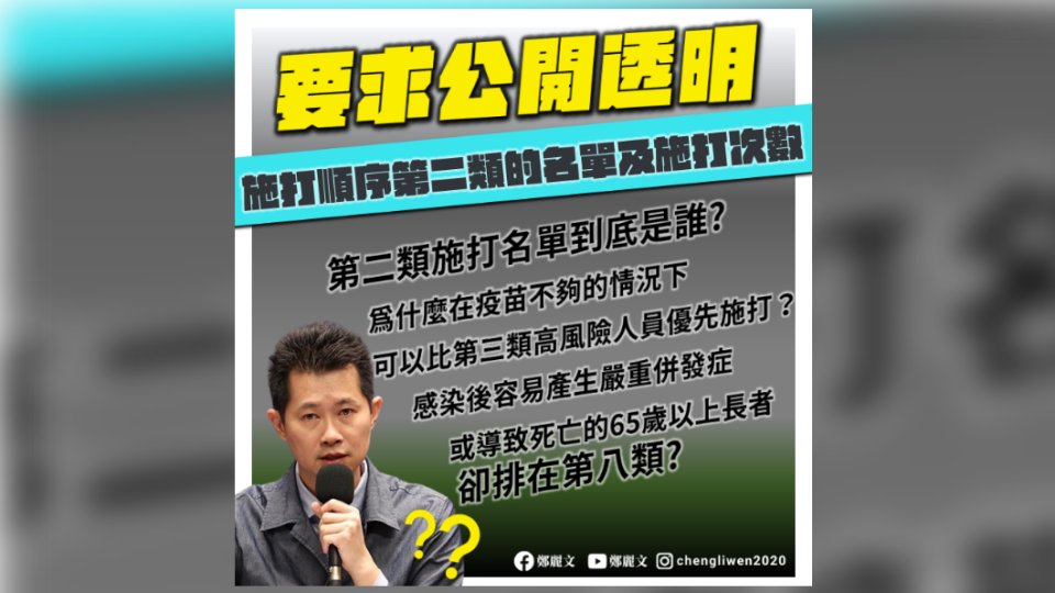 鄭麗文呼籲政府應公開第二類的施打名單及次數。（圖／翻攝自鄭麗文臉書）