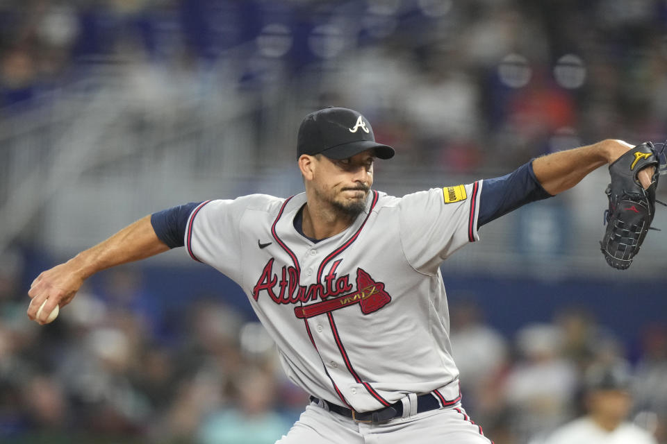 Atlanta Braves starting pitcher Charlie Morton throws during the first inning of a baseball game against the Miami Marlins, Sunday, Sept. 17, 2023, in Miami. (AP Photo/Lynne Sladky)