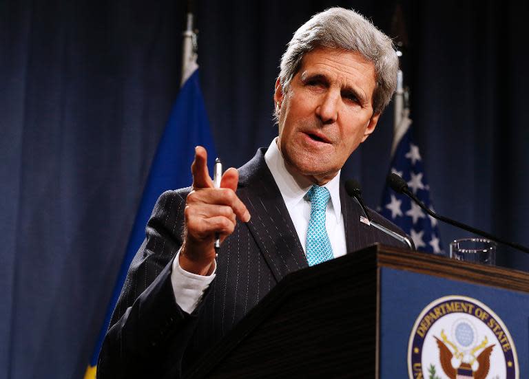 US Secretary of State John Kerry speaks during a press conference in Geneva, on April 17, 2014