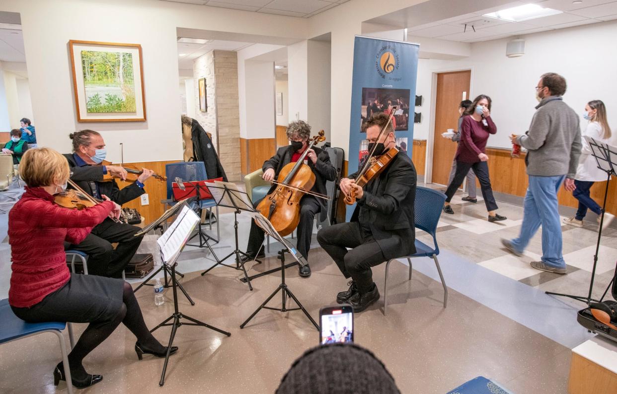 The Worcester Chamber Music Society performs a “Music Heals” concert for staff and others Nov. 18 at UMass Medical Center - Memorial Campus. The chamber musicians are, from left, Krista Buckland Reisner on violin, Rohan Gregory on violin, Davis Russell on cello and Peter Sulski on viola.
