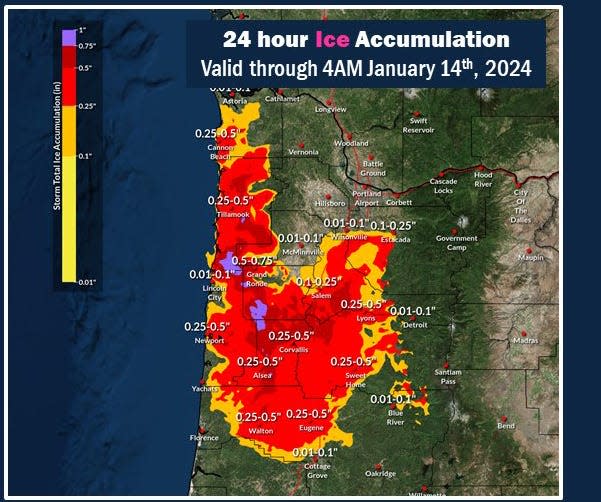 The amount of ice forecast for the Willamette Valley has increased and is likely to last longer than expected, according to the National Weather Service in Portland.