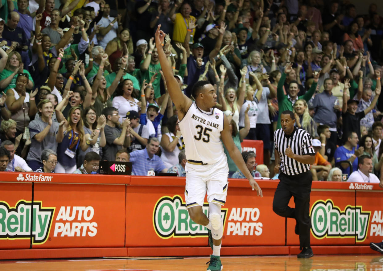 Bonzie Colson celebrates after hitting a 3-pointer in his team’s one-point win. (Photo by Darryl Oumi/Getty Images)