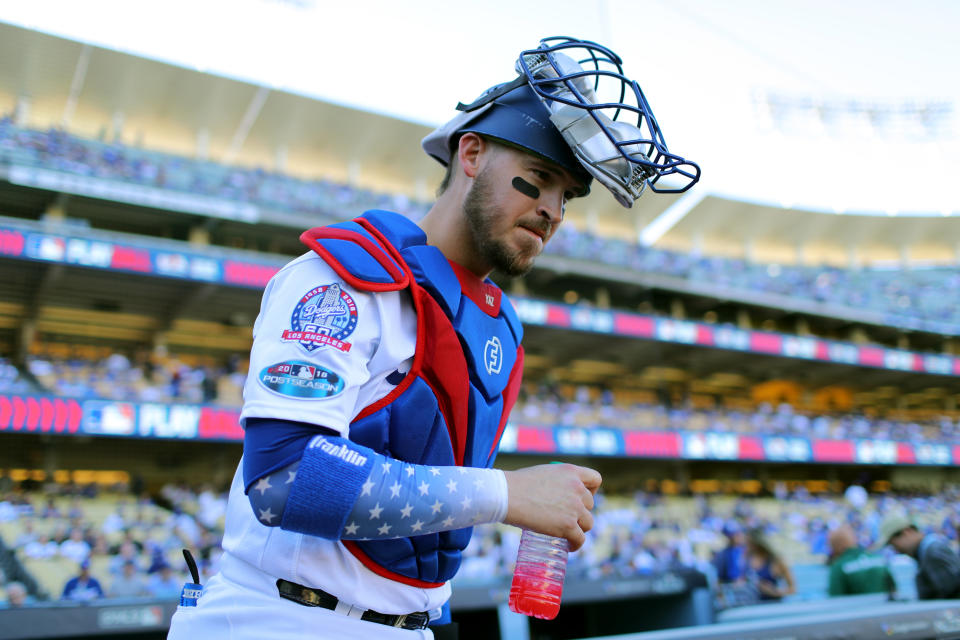 LOS ANGELES, CA – OCTOBER 15: Yasmani Grandal #9 of the Los Angeles Dodgers is seen before Game 3 of the NLCS against the Milwaukee Brewers at Dodger Stadium on Monday, October 15, 2018 in Los Angeles, California. (Photo by Alex Trautwig/MLB Photos via Getty Images)