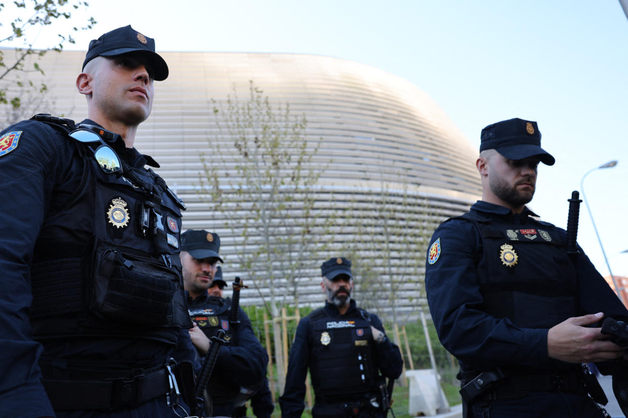 Soccer Football - Champions League - Quarter Final - First Leg - Real Madrid v Manchester City - Santiago Bernabeu, Madrid, Spain - April 9, 2024 Police is seen outside the stadium before the match REUTERS/Violeta Santos Moura