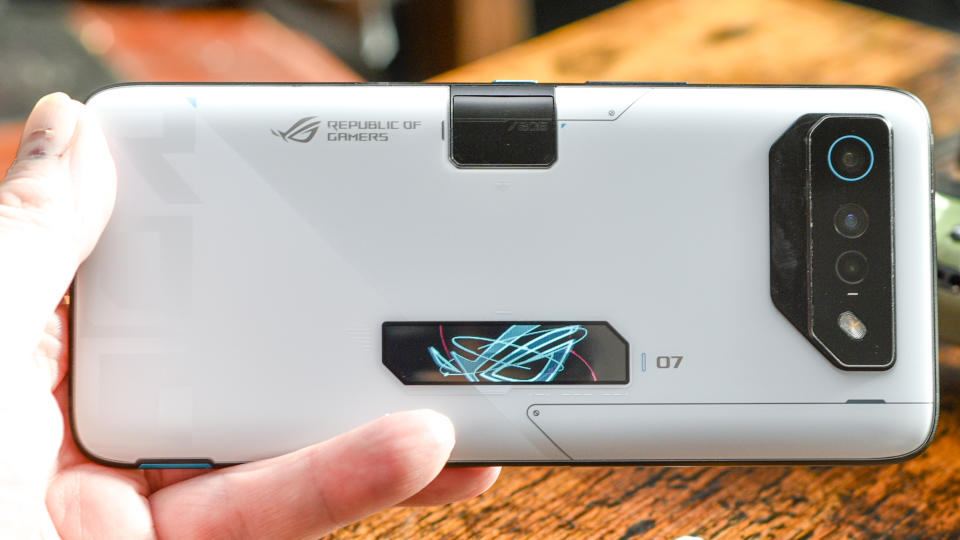 Asus ROG Phone 7 Ultimate rear OLED display showing Republic of Gamers logo