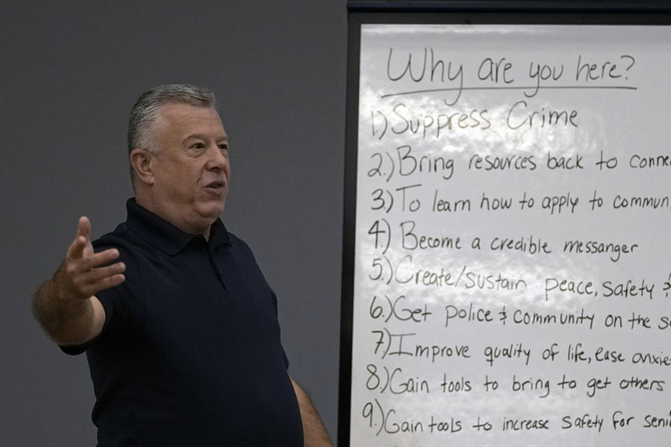 Chuck Sczuroski, a consultant with the National Crime Prevention Council, talks about ways to crime prevention strategies during a workshop Thursday, Sept. 29, 2022, in Houston. (AP Photo/David J. Phillip)