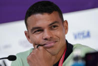 Brazil's Thiago Silva listens to a question during a press conference on the eve of the group G of World Cup soccer match between Brazil and Serbia, in Doha, Qatar, Wednesday, Nov. 23, 2022. (AP Photo/Andre Penner)